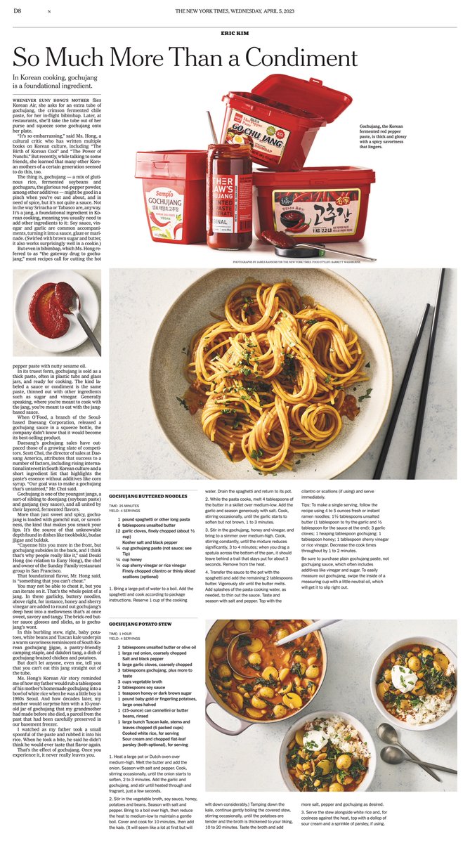 ericjoonho's tweet image. Gochujang is a jang, a foundational ingredient in Korean cooking, meaning you usually need to add other ingredients to it. (Swirled with brown sugar and butter, it also works surprisingly well in a cookie.)

Two new recipes in today's paper: nytimes.com/2023/03/31/din…