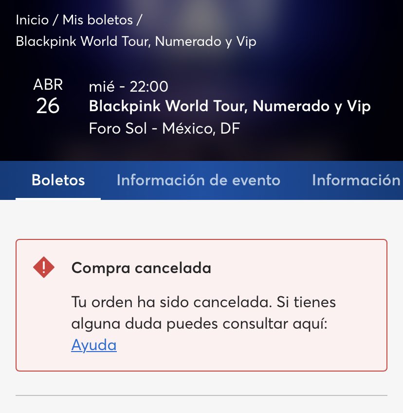 placeboeffect6's tweet photo. @Ticketmaster_Me Me pueden explicar por qué entro a su página y veo que mis boletos de Black Pink están cancelados? https://t.co/HjhvYZLjRc