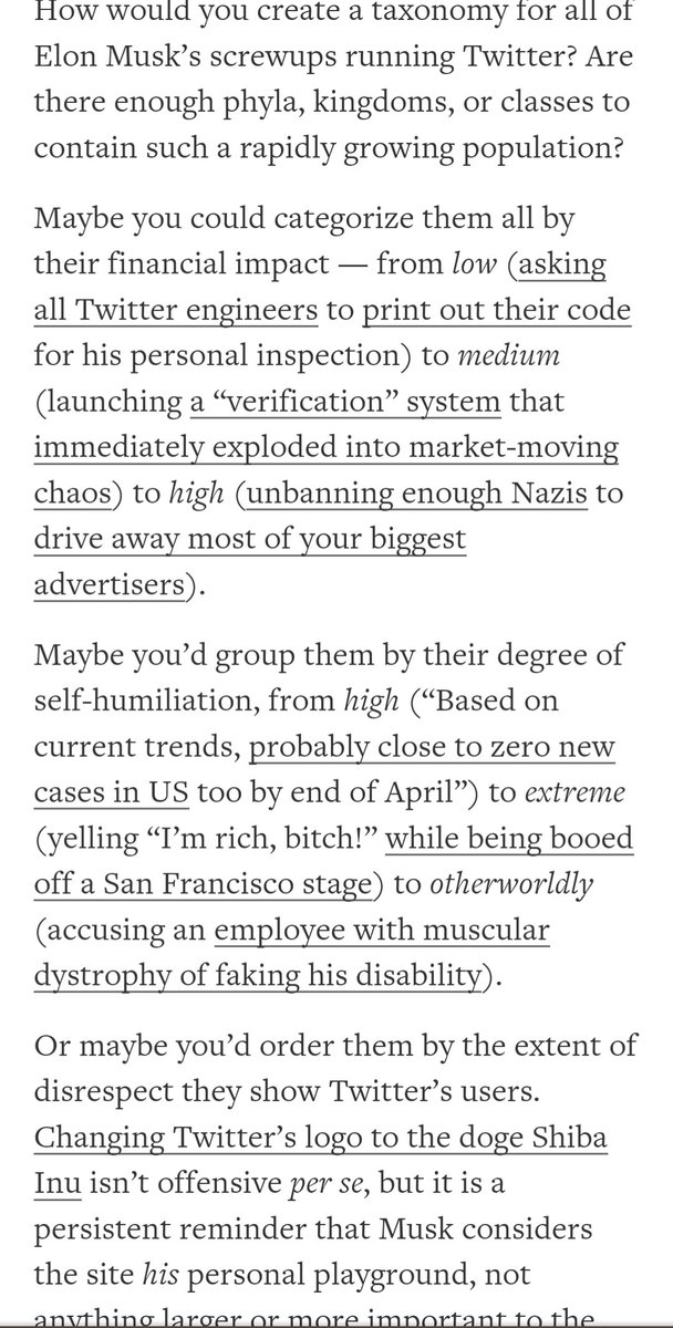 randfish's tweet photo. https://t.co/Rl2zBlTcB2

"Before any more ecosystems of shame are discovered, let’s remember one in particular that hasn’t gotten enough attention: Musk’s tossed-off decision to kill off a huge chunk of ongoing research into the internet and how we all interact on it." https://t.co/s6OwKfPfIh