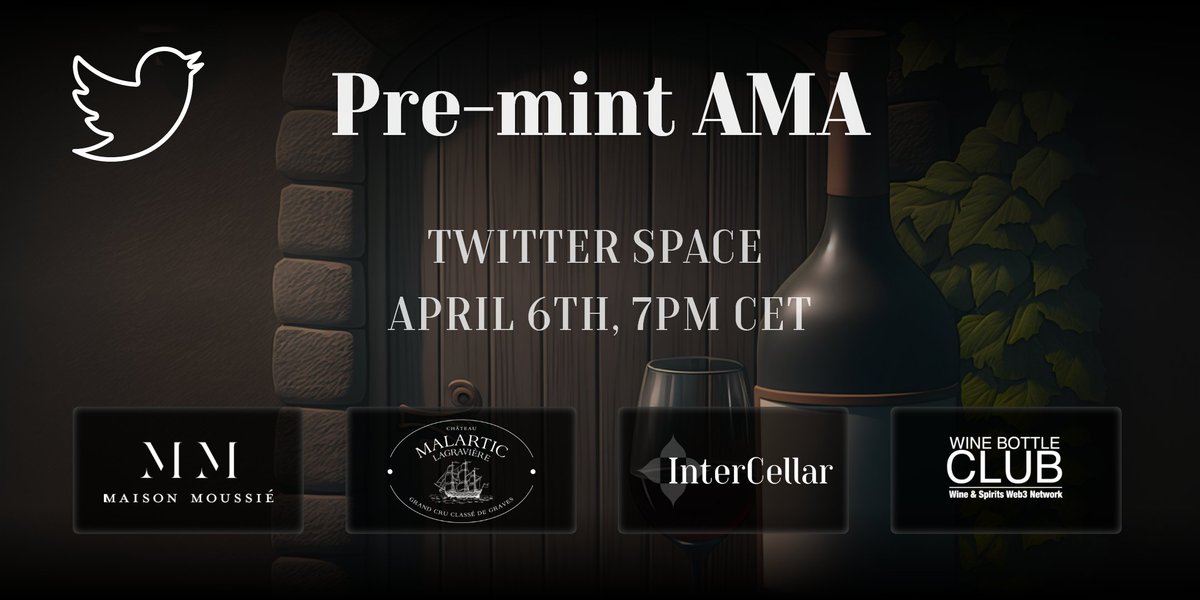 InterCellar_'s tweet photo. Our 1st limited ed drop is around the corner! 🍇🔥

So ...🥁
we're exited to announce a Premint AMA tomorrow 7pm CET, 
with our partners @MalarticLagrav @Maison_Moussie @WineBottleClub ! 🍷

👉Leave your questions in comments &amp; set reminder here: https://t.co/AYFJqw8gVj https://t.co/JjixYdwlDh