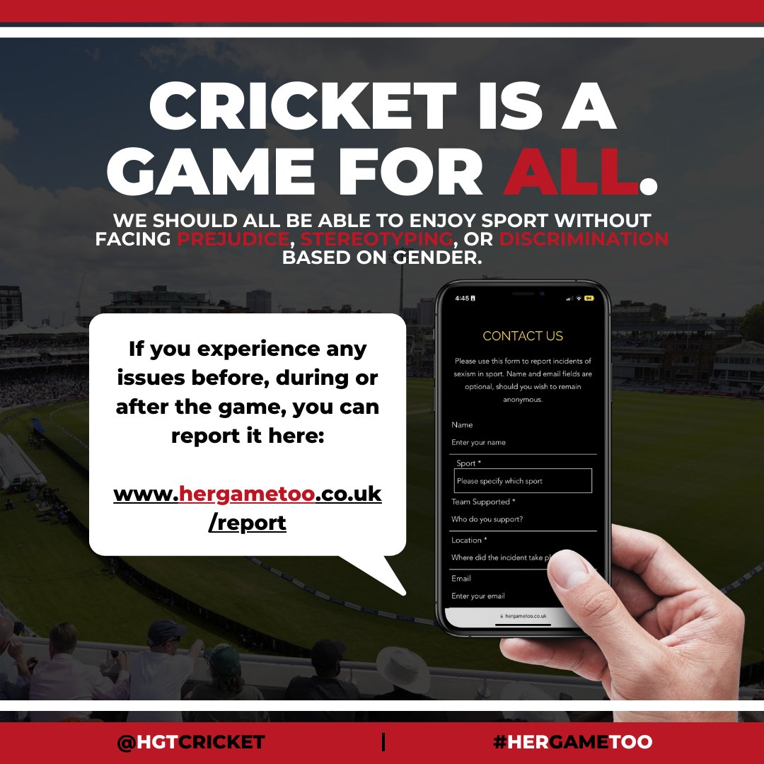 📲 REPORTING SYSTEM 📲 We would like to remind everyone that our reporting system is open. If you experience any issues at a cricket game, training or club event, you can report it below or contact the club directly. hergametoo.co.uk/report Cricket is #HerGameToo 🏏