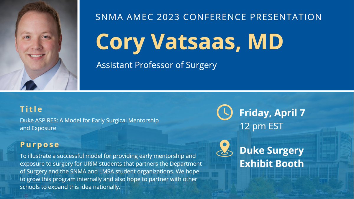 DukeSurgery's tweet image. If you&apos;ll be at #AMEC2023 this week, visit the #DukeSurgery exhibit booth on Friday, April 7 at 12pm EST as Dr. @CoryJVatsaas presents about the Duke ASPIRES Program, illustrating a successful model for providing early mentorship for URiM students. 

@SNMA |