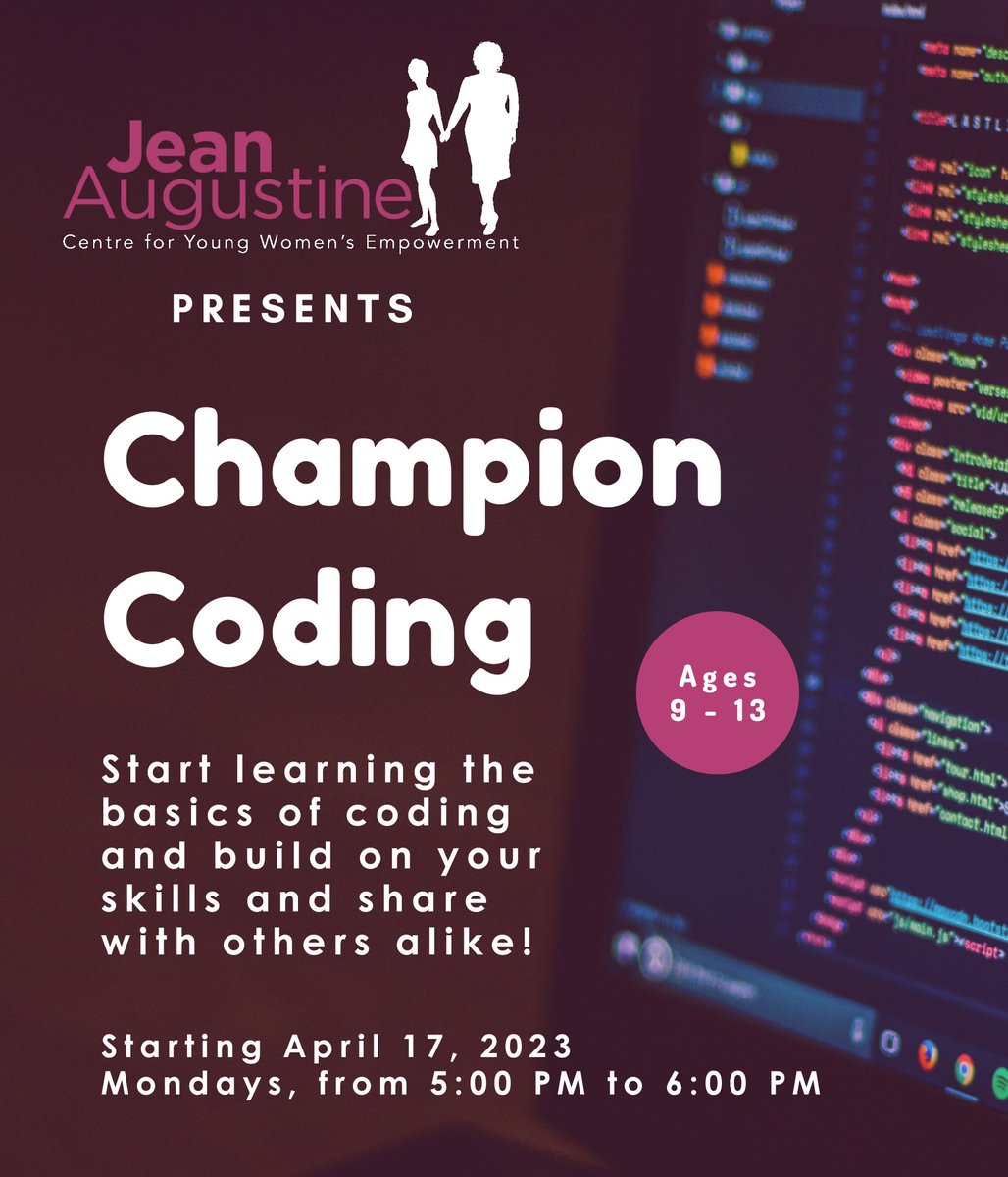 JAC is excited to announce that our virtual #coding  workshop with @thehackergals returns this month! 

On Mondays from 5-6pm starting April 17th, girls ages 9-13 can learn the basics of coding in an encouraging environment at no cost.

Register here: forms.gle/FERn23kom1spfr…