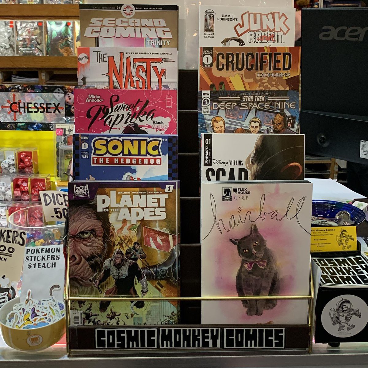 cosmicmonkey's tweet photo. Here are the new titles we have featured this week! #planetoftheapes #hairball #sonicthehedgehog5thanniversaryedition #disneyvillainsscar #mirkaandolfo #sweetpaprikablackwhiteandpink #startrekdeepspaceninedogofwar #thenasty #crucifiedexorcisms #secondcomingtrinity #junkrabbit https://t.co/aOhWNFufKB