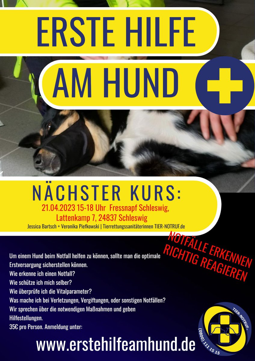 TIER-NOTRUF.de (@tier_notruf) on Twitter photo 📣 Erste Hilfe am Hund-Kurs in Schleswig 📣 21.4.2023, 15-18 Uhr beim Fressnapf Schleswig 
35 Euro pP erstehilfeamhund.de
Danke @ Fressnapf #Schleswig für die Unterstützung und die Räumlichkeiten. 📣 Erste Hilfe am Hund-Kurs in Schleswig 📣 21.4.2023, 15-18 Uhr beim Fressnapf Schleswig 
35 Euro pP erstehilfeamhund.de
Danke @ Fressnapf #Schleswig für die Unterstützung und die Räumlichkeiten.