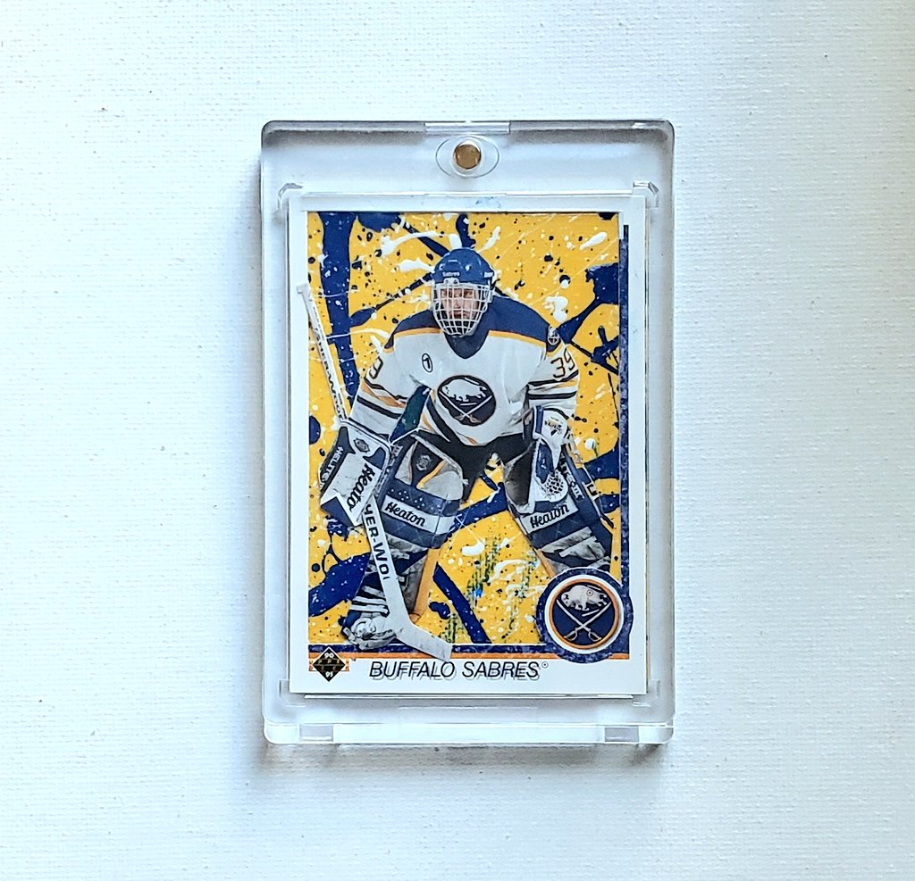 KeithKelleyArt's tweet image. Dominik Hasek 1/1 1990-91 UD Reimagined Custom Art Card #dominikhasek #thedominator #buffalosabres #sabreshockey #sabres #cardart #hockeycards #sportscards #hockeybreaks #nhl #upperdeckhockey #upperdeck #mixedmediaart #mixedmedia #90shockeycards #goalie #hockeygoalie