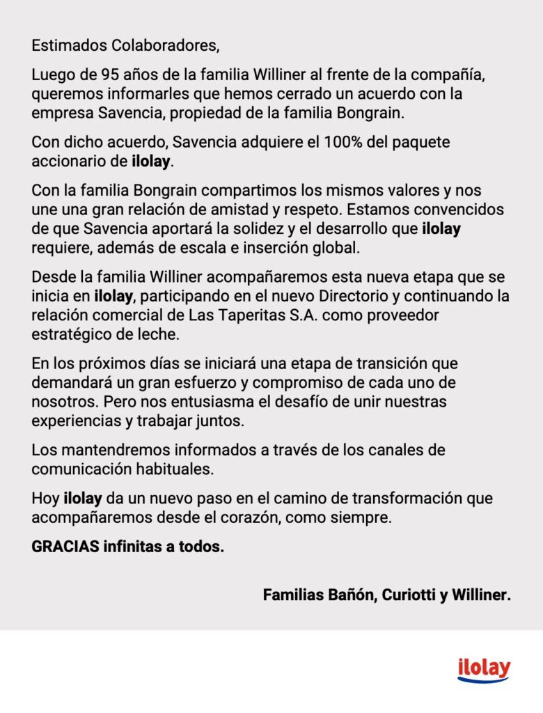 💣🥛La marca argentina Ilolay pasa a manos de los franceses Savencia, que comercializan Milkaut: el grupo francés se convierte en el tercer operador lácteo de Argentina.
