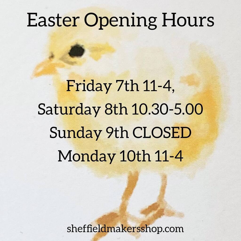 Our opening hours are a bit different this weekend:

Friday 7th 11-4, 
Saturday 8th 10.30-5.00
Sunday 9th CLOSED
Monday 10th 11-4

#sheffieldmakerswintergardens #sheffieldissuper #shopsmalluk #easteropeninghours #easter2023 instagr.am/p/CqqhrIgMGja/