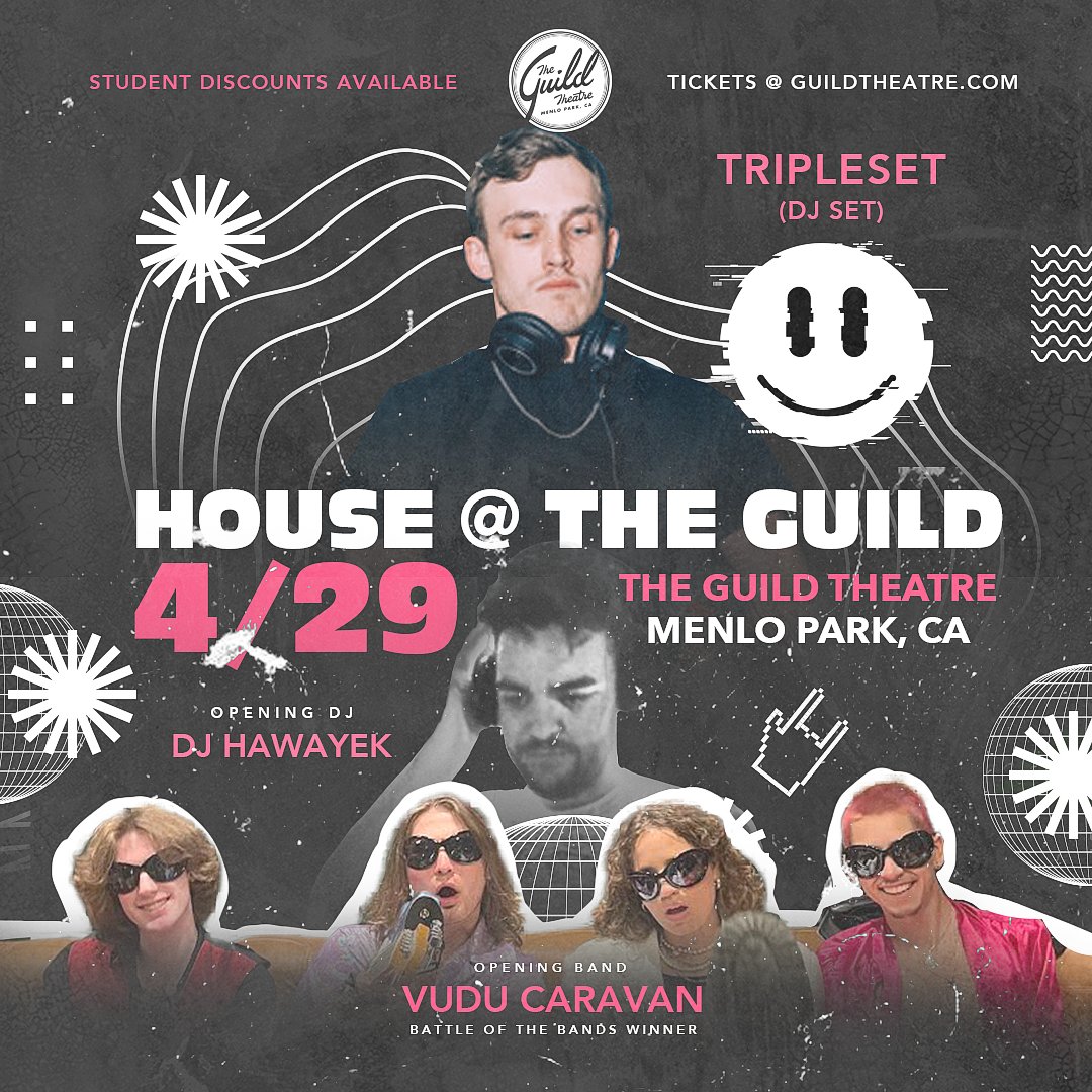 ON SALE NOW! House @ The Guild Theatre with <a href="/triplesetsound/">Tripleset</a> (DJ SET) and DJ Hawayek on SAT, APR 29 🕺 Arrive early to hear The Guild Theatre's Battle of the Bands Winner, Vudu Caravan, open the show!

🎟️>> bit.ly/twHOUSEATGUILD
Doors 7PM

#housemusic #guildtheatre #menlopark