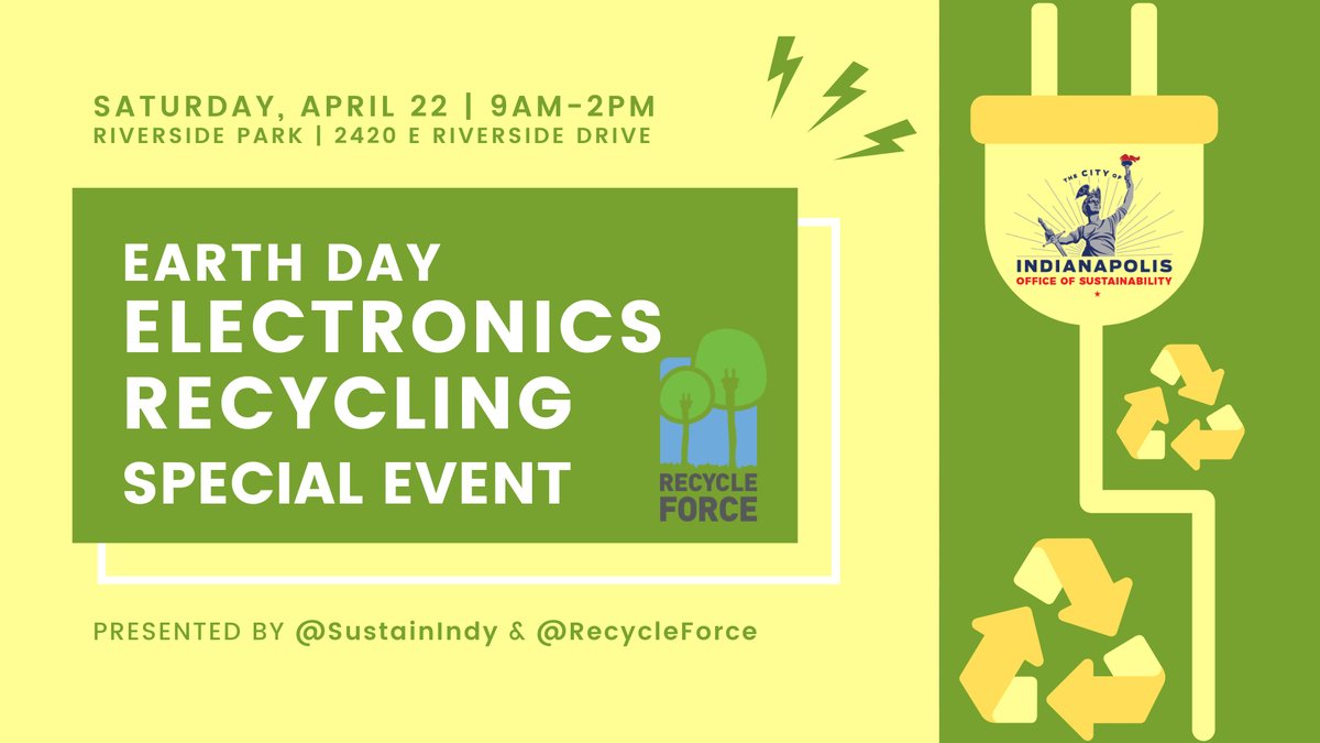 🌎🌍🌏 Happy Earth Month!

⚡ Marion County residents are invited to an electronics recycling event with <a href="/RecycleForce/">RecycleForce</a> on Earth Day: Sat, April 22 at Riverside Park, 9am-2pm

📲♻️ Recycle your broken electronics - perfect timing to clear out some clutter during spring cleaning!