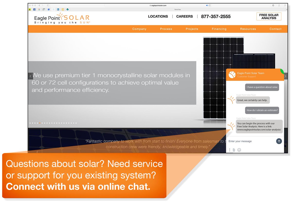 EaglePointSolar's tweet image. Whether you have questions about obtaining a solar estimate, want more information on how solar works or need service and support on an existing system, we are here to help. Connect with us via online chat 8:30 a.m.–5:00 p.m. Mon.-Fri.

#solarservice #RenewableEnergy #SolarEnergy