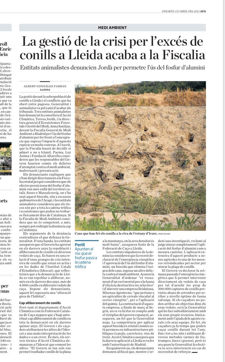 🗞️ <a href="/diariARA/">diariARA</a> es fa ressó de la denúncia presentada a la Fiscalia de Medi Ambient per l’ús del fosfur d’alumini per controlar la plaga de conills a Lleida i per autoritzar l’alliberament de més de 15.000 conills de granges cinegètiques entre 2021-22 i la caça de 21. 881 guineus
📰