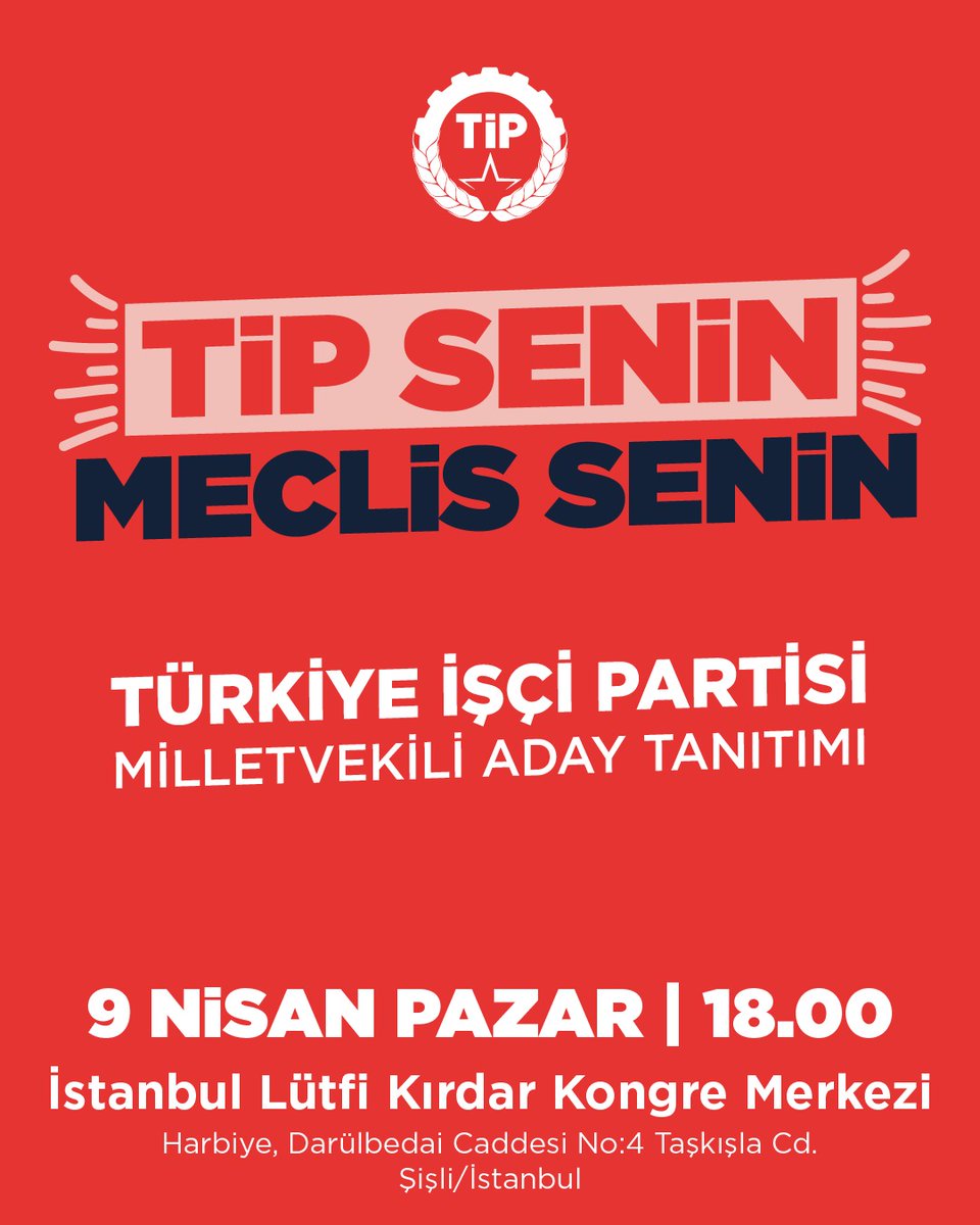 Bu ülkenin kırmızı çizgisi metal işçileri, çiftçiler, sanatçılar, yurttaşlar olacak. TİP, bu ülkenin kırmızı çizgisi olacak!

#TİPSenin, meclis senin. Emekçi halkın milletvekili adaylarını tanıtıyoruz.

📅9 Nisan Pazar
⏰18.00
📍İstanbul Lütfi Kırdar Kongre Merkezi