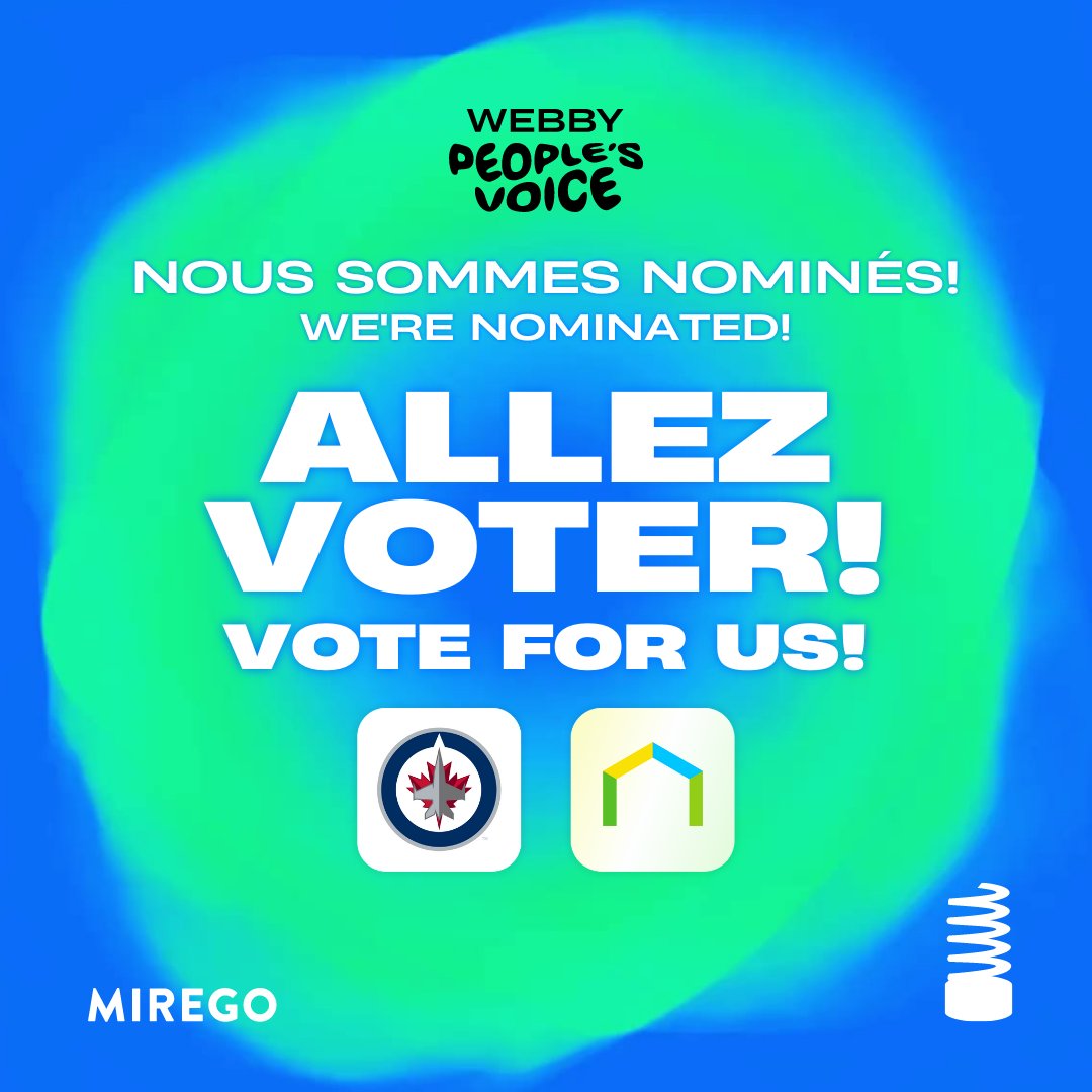 mirego's tweet image. GRANDE NOUVELLE! Deux de nos projets sont nominés aux prestigieux @TheWebbyAwards! 🎉

Pour remporter les prix du public, nous avons besoin de vos précieux votes!

Pour l&apos;app @duproprio 👉 bit.ly/3KAy3MC
Pour l&apos;app des @NHLJets 👉 bit.ly/3zAG6mw