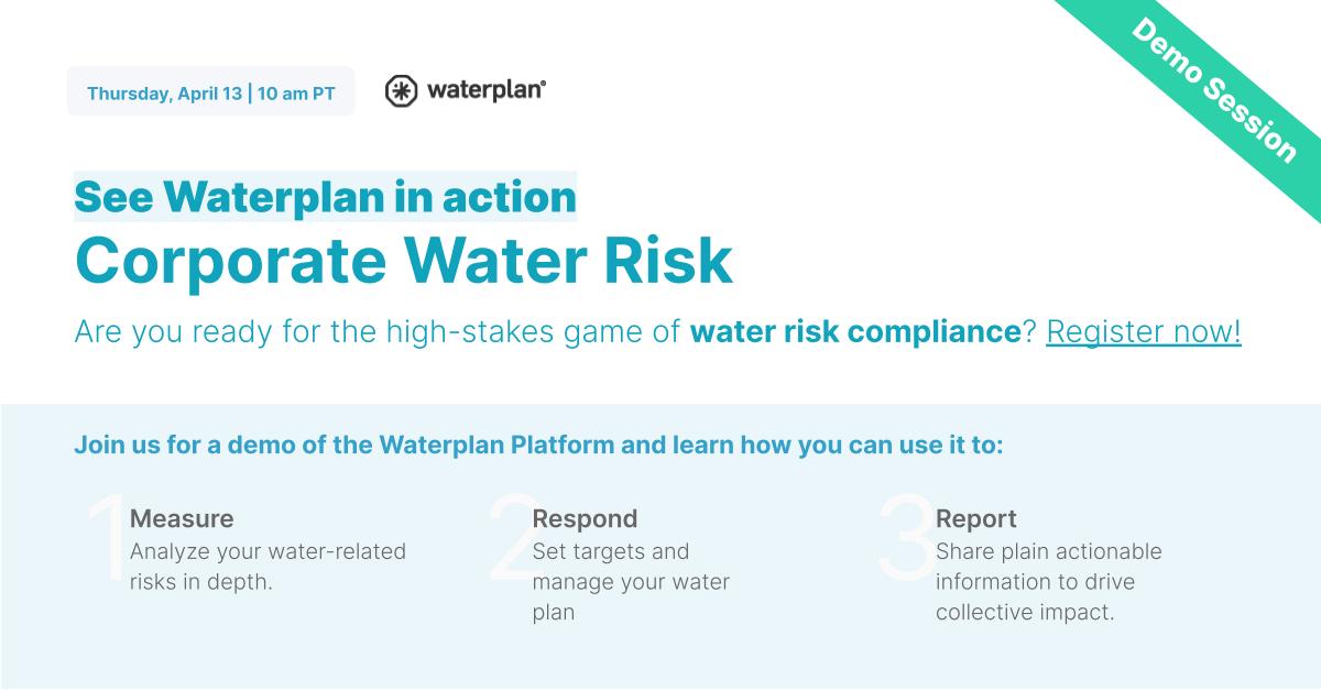 🗓️Platform #demo is coming up on April 13th! 

Join us and explore how <a href="/WeAreWaterplan/">Waterplan (YC S21)</a> can help achieve an effective #Climate Water plan to meet the highest corporate #water standards at a global level.  

Register here: waterplan.registration.goldcast.io/events/9928337…