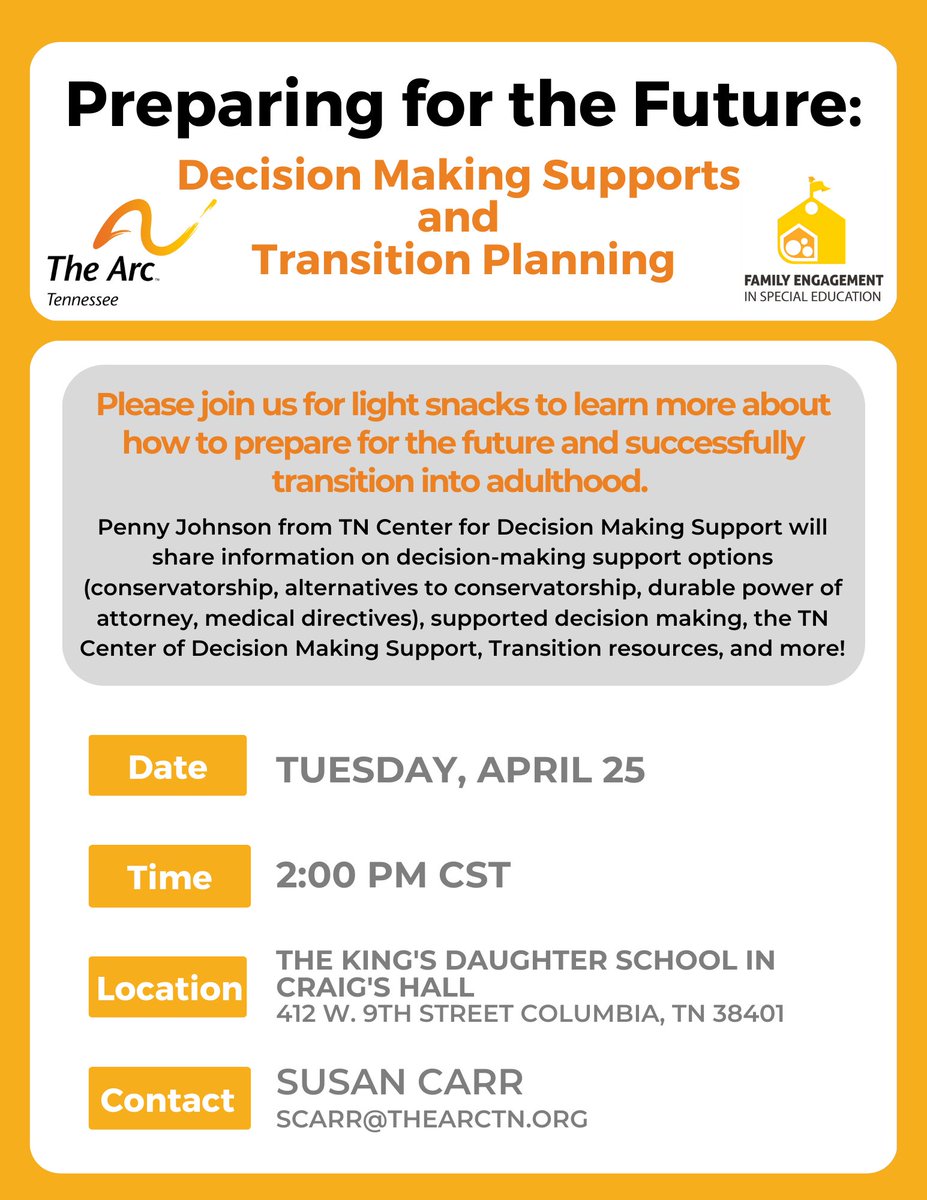 FESPED_TN's tweet image. Join us to hear from Penny Johnson with TN Center for Decision Making Support about conservatorship, alternatives to conservatorship, durable power of attorney, medical directives, supported decision making, + more!

#SpecialEducationTN #DecisionMakingSupports #TransitionPlanning