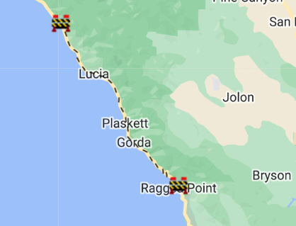 CaltransD5's tweet photo. UPDATE: The northern closure limit of #Hwy1 on the #BigSur coast is now at Lime Creek (PM 32.2). This is expected to continue to move south by tomorrow afternoon to the Big Creek Vista Point (PM 27). The southern closure limit remains at #RaggedPoint in #SanLuisObispoCounty. https://t.co/4LcpQrajS8