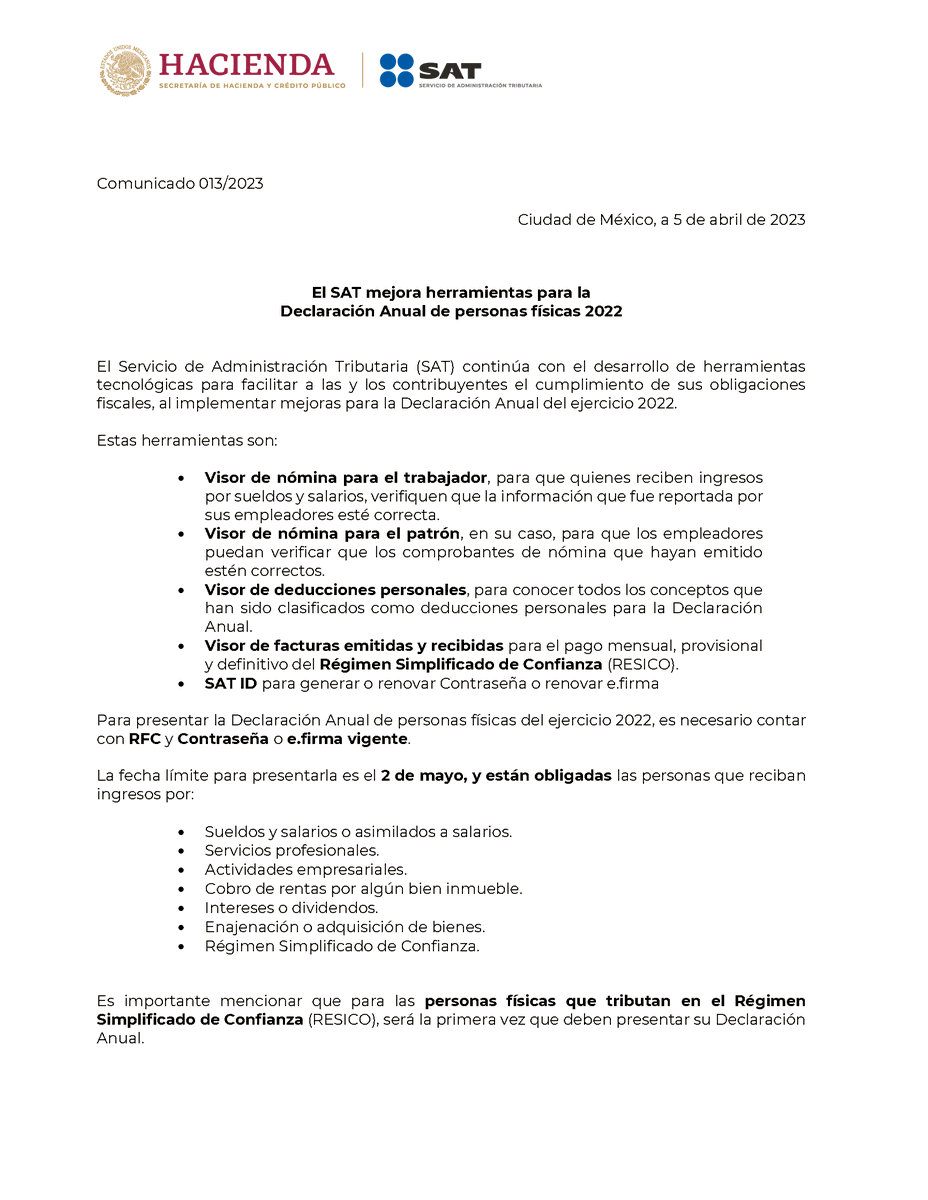 SATMX's tweet photo. #ComunicadoSAT
El SAT da a conocer mejoras y actualizaciones en las herramientas de apoyo para presentar la Declaración Anual del ejercicio 2022 de personas físicas. https://t.co/FCilvzOPFk