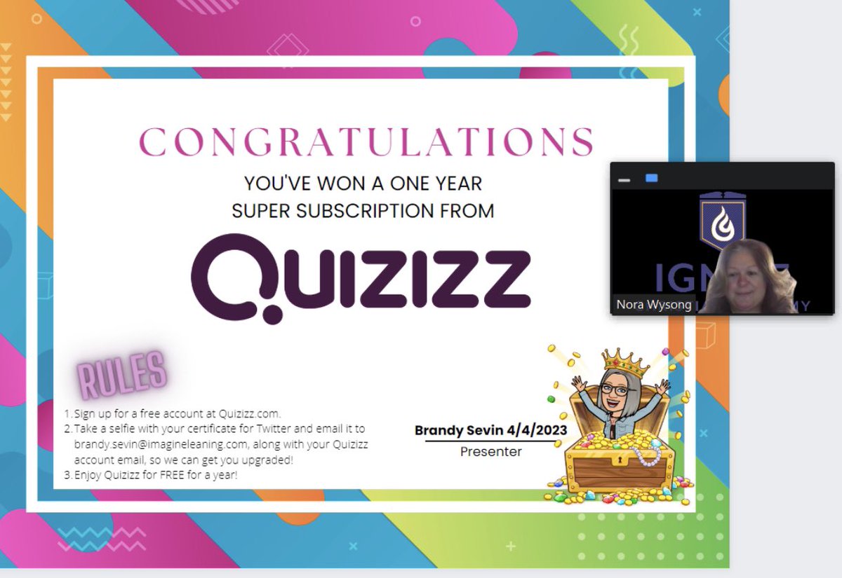 Second winner from Ignite Christian Academy to win a year of @quizizz Pro! Thank you attending my presentation of Edtech Tools! @ImagineLearning #myfletcher #quizizz #virtualteacher #Edtech @KyleNiemis