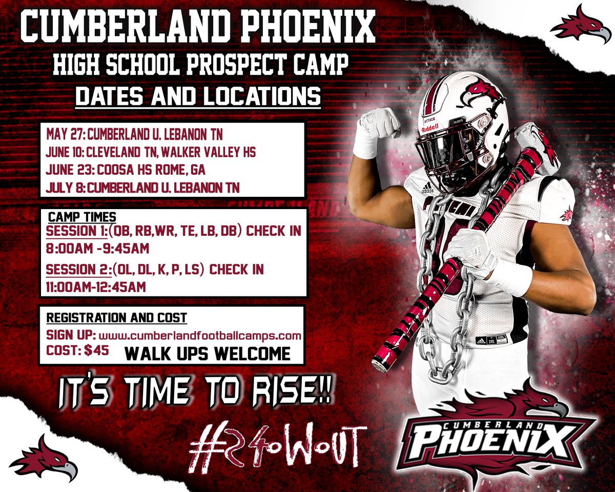 Camp season is coming fast! Make sure you mark your calendars and sign up to CAMP with the PHOENIX! cumberlandfootballcamps.com The class of '23 we signed 19 players from these camps directly! Class of '24 come and SHOWOUT for our coaches! #24OWOUT #CUPhoenix #CampSeason #RI23UP