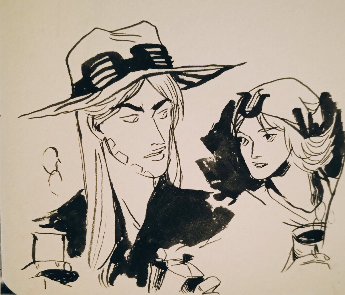 nobodye_e's tweet photo. it's been forever since I had a chance to do some traditionals, so here you go some gyjo sketch dump from today (ignore the leftover  sketch doing a lazy dio impression) #jjba #steelballrun #gyjo #sketches https://t.co/8R7LUKlq08
