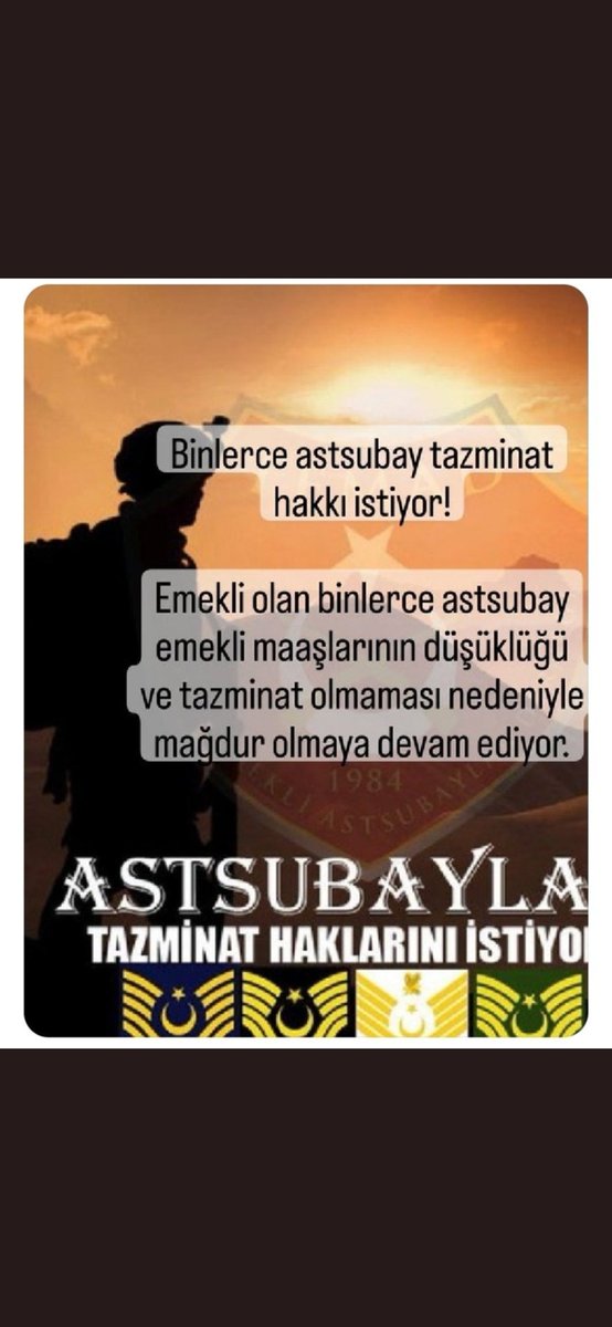 #AstsubayınaSahipÇık
Astsubaylar her durum ve şartta vatanına sahip çıktıysa, sizler de Astsubaylara sahip çıkmalısınız. Ahde vefa budur. 
<a href="/RTErdogan/">Recep Tayyip Erdoğan</a>
<a href="/NureddinNebati/">Dr.Nureddin NEBATİ🇹🇷</a>
<a href="/suleymansoylu/">Süleyman Soylu</a>
<a href="/tcsavunma/">T.C. Millî Savunma Bakanlığı</a>
<a href="/kilicdarogluk/">Kemal Kılıçdaroğlu</a>
<a href="/mustafaelitas/">Mustafa Elitaş</a>
<a href="/fuatoktay/">Fuat Oktay</a>
<a href="/AhmetAYDIN_02/">Ahmet AYDIN</a>
<a href="/HMBakanligi/">T.C. Hazine ve Maliye Bakanlığı</a>
<a href="/meral_aksener/">Meral Akşener</a>