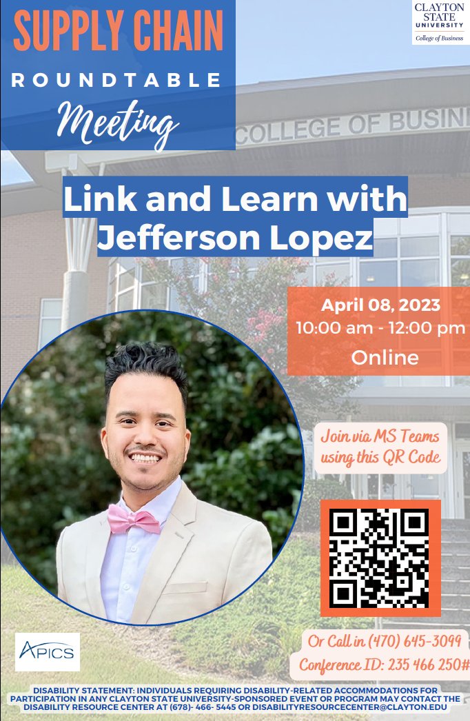 Join us for our final Supply Chain Roundtable meeting of the semester  featuring Jefferson O. Lopez - Saturday, April 8, 2023 on MS Teams!
Use this link or QR code to join the meeting virtually. 
conta.cc/3KbJBEN

#Dreamsmadereal #businessmadereal #supplychainroundtable