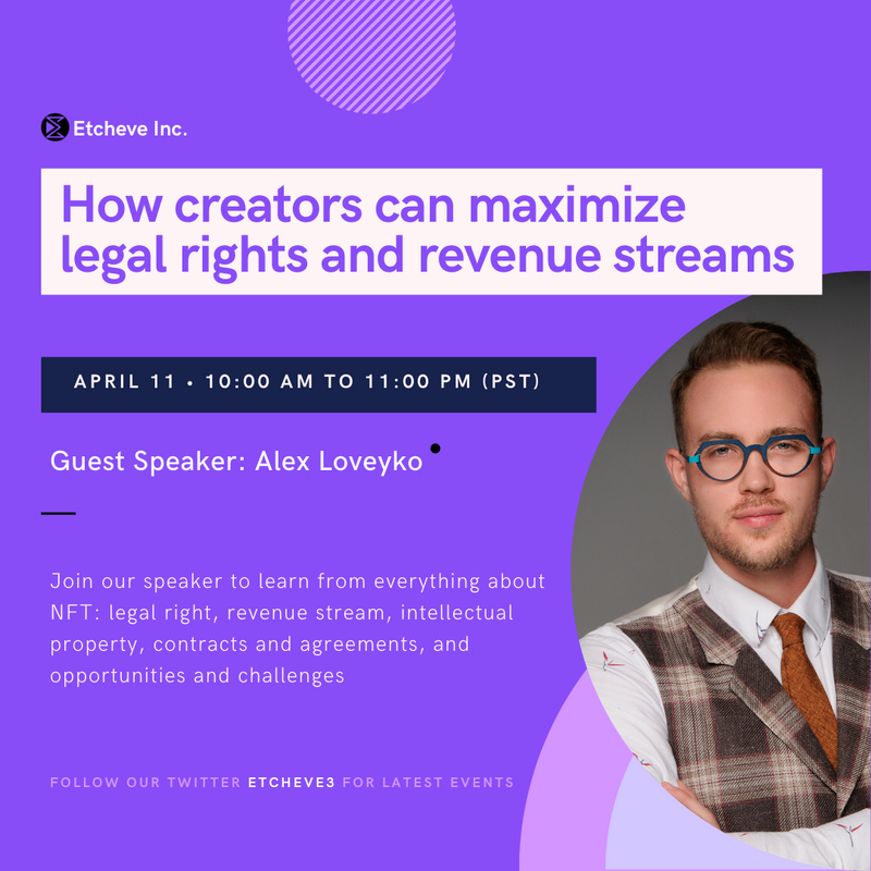 Join our webinar with @Alexander Loveyko, Esq. next Tuesday and learn how to maximize legal rights & revenue streams for NFTs!
landing.etcheve.com/event-details/…
#nfts #legalrights #revenuestreams #monetization #ip