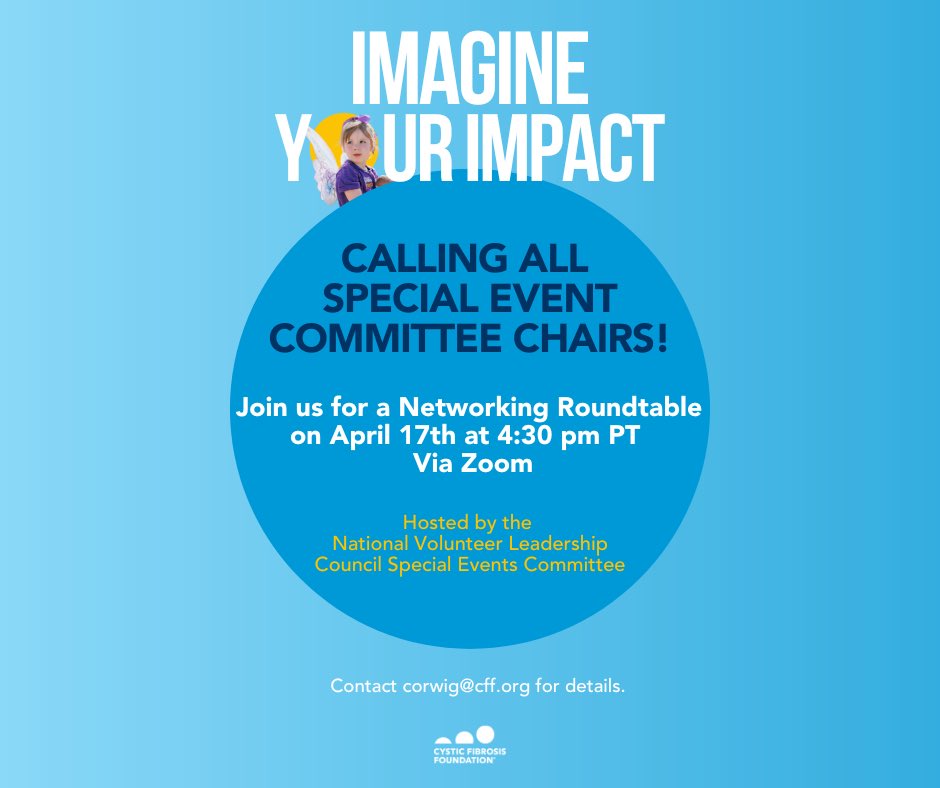 CFFOrangeCounty's tweet photo. Special Events Committee Chairs unite! 📣  Connect with and learn from others across the country on a virtual Roundtable for Event Committee/Volunteer Leadership Team Chairs. Email OrangeCounty@cff.org for more details and an invitation to join the Roundtable. 
#cysticfibrosis https://t.co/rEl8Usuv7s