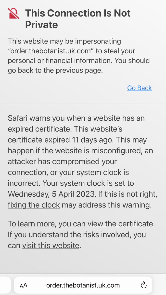 Oh dear @thebotanistuk #techfail in Reading. Asked to pay using QR code and presented with an unsecured webpage 🔒 Certificate expired 11 days ago, yet still asking people to use the site? Apparently ‘a few people have mentioned this now’ 😳