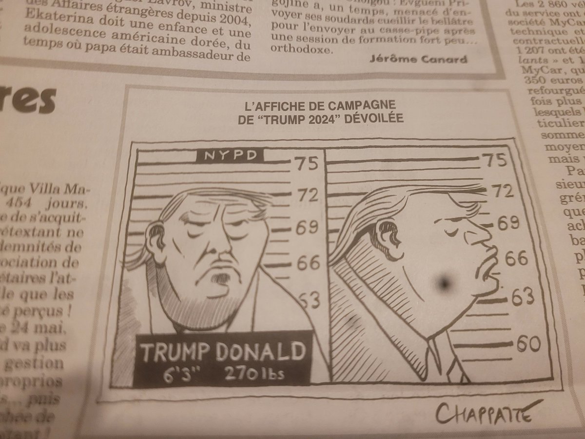 In France. Picked up a  <a href="/canardenchaine/">Le Canard enchaîné</a> . Enjoy the caricature of the thug that is <a href="/DonaldTrump/">Donald J. Trump</a> good luck w the indictments mon frere