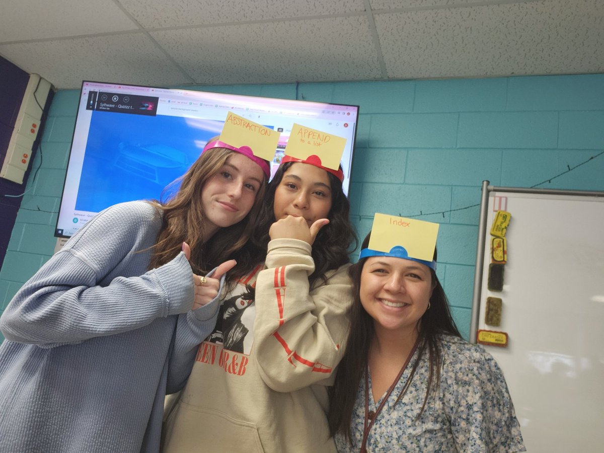 v_berkowitz's tweet image. APCSP learners practice recall and worked on describing vocabulary words to other learners by playing the head bandz game with Computer Science Vocab! I got to play too and it was so much fun! @mineolahs #MineolaProud #APCSP