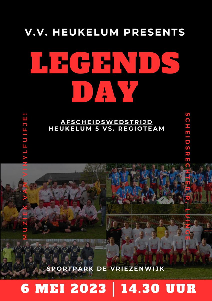 vvheukelum's tweet photo. Op 6 mei staat Legends Day op het programma. Die dag zal er afscheid worden genomen van het veteranenelftal Heukelum 5. Het team zal een afscheidswedstrijd spelen tegen een regioteam met (oud)voetballers. De wedstrijd staat onder leiding van Roelof Luinge. https://t.co/FX6LKrhl5D https://t.co/WVq0puitIN