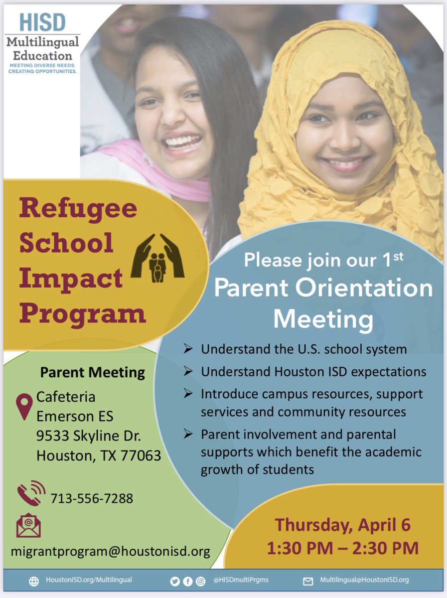 🚨Last stop of the Refugee School Impact: Parent Orientation series will be at <a href="/Emerson_Eagles/">Emerson Elementary</a> 🚨 Join us in engaging with refugee families and meet the team of people who actively create opportunities and community for our HISD refugee students! ✏️🌍📚@HISDMultiPrgms <a href="/HISD_ESO1/">HISD_ESO1</a>