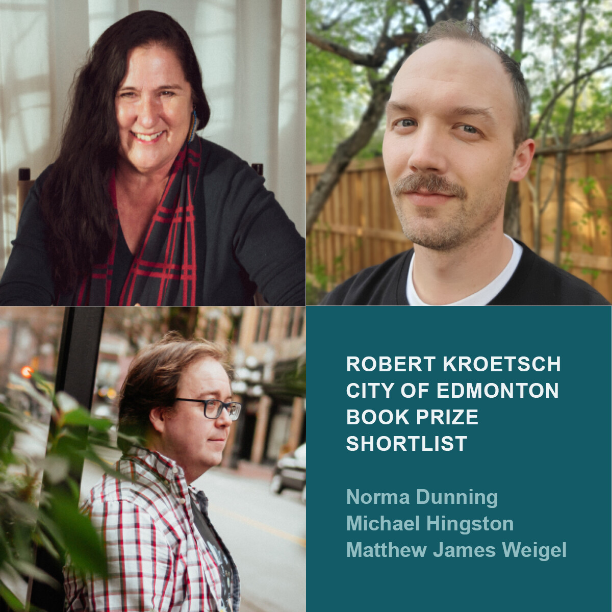 WritersGuildAB's tweet photo. The WGA is thrilled for the nominees for the Robert Kroetsch City of Edmonton Book Prize -@NormaDunning5  (@DMPublishers), @mhingston (@biblioasis), &amp; @SpongePoet (@coachhousebooks)!

Thanks to @artsedmonton &amp; @AudreysBooks!

For more information, visit: https://t.co/dpPwsrdTZf https://t.co/Aiu9DLT1Gv