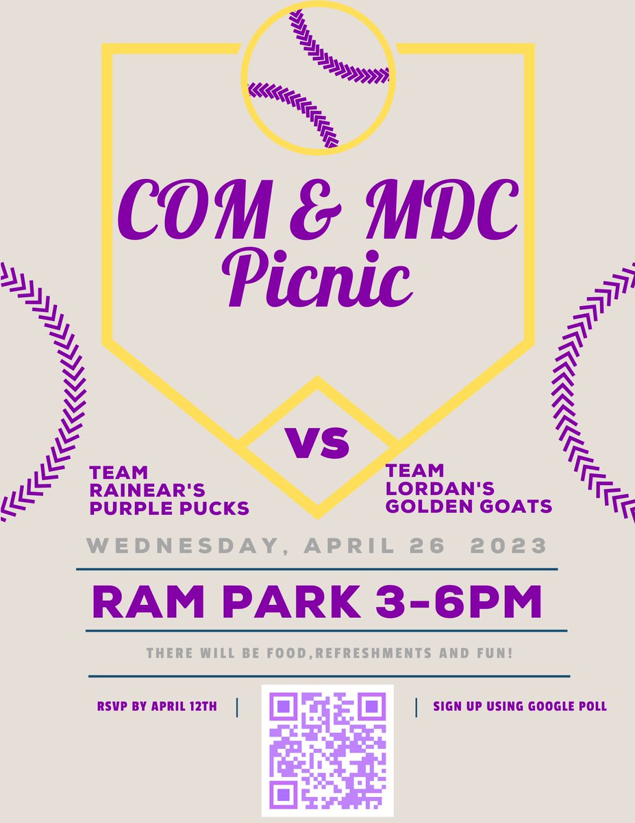 Get ready to ball out because it's time for the COM &amp; MDC Picnic! The main attraction is the wiffleball game - Dr. Rainear's Purple Pucks versus Dr. Lordan's Golden Goats! Wanna be a part of the fun, or just hang out? RSVP using this link! hubs.li/Q01Kqpm-0
