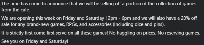 MeeplePerk's tweet photo. We will be selling off some of the games from the collection this Friday and Saturday, between 12pm and 6pm on both days. Hope to see you there! https://t.co/zFuXfq5sLy