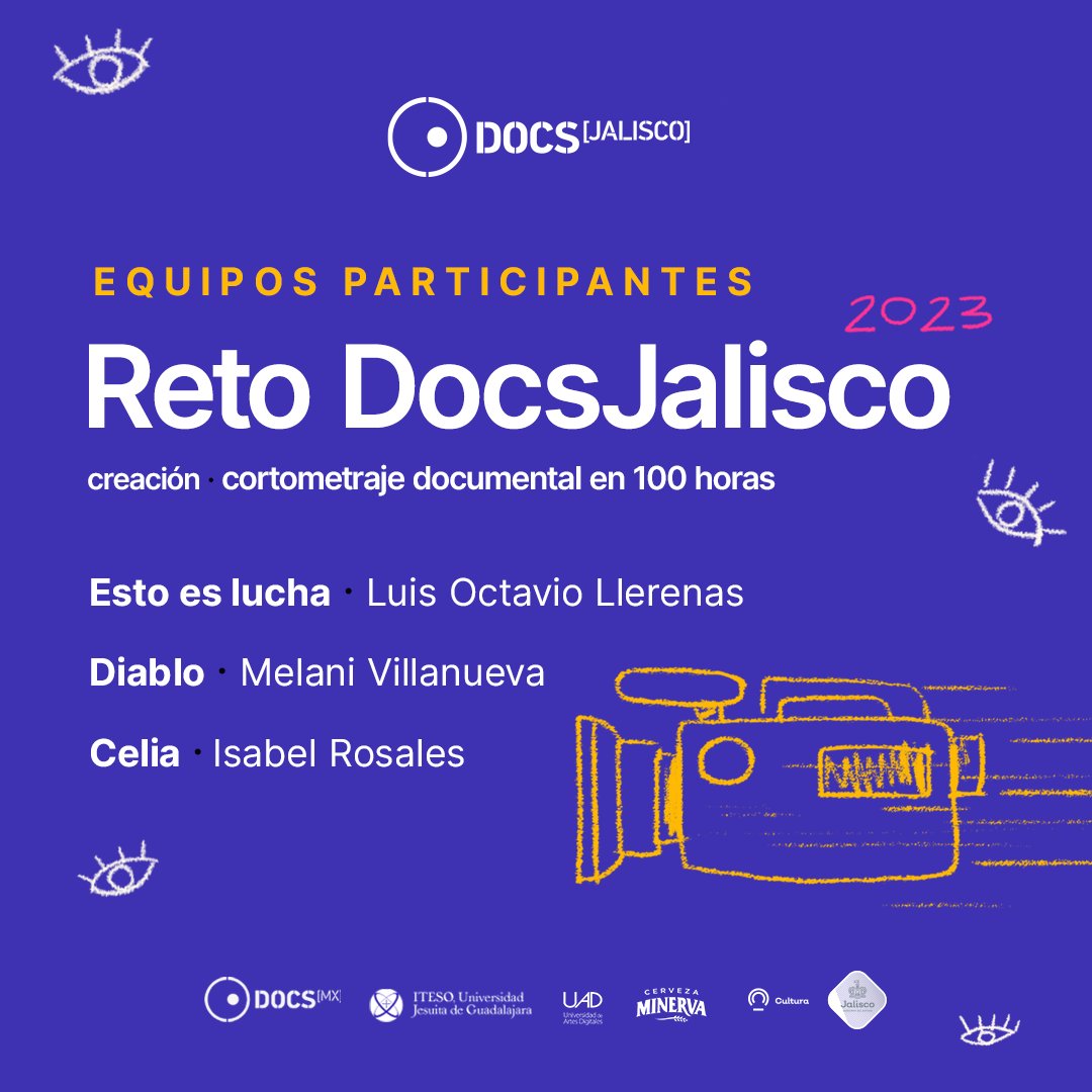 Te presentamos a los tres equipos que conforman la alineación del #RetoDocs Jalisco. 

Las y los jóvenes cineastas jaliscienses elegidos deberán producir un cortometraje documental en 100 horas. 

¡En #DocsJalisco2023 daremos el banderazo de este desafío! 🏁