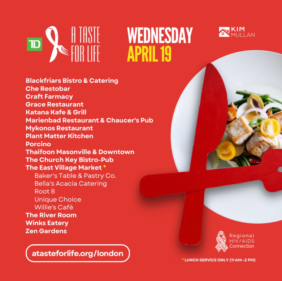 Celebrate 20 years of supporting people living with and at-risk for HIV in our community. Dine to make a difference on Wednesday, April 19 in support of <a href="/hivaidsconnect/">Regional HIV/AIDS Connection</a>! Visit atasteforlife.org/london to make a reservation