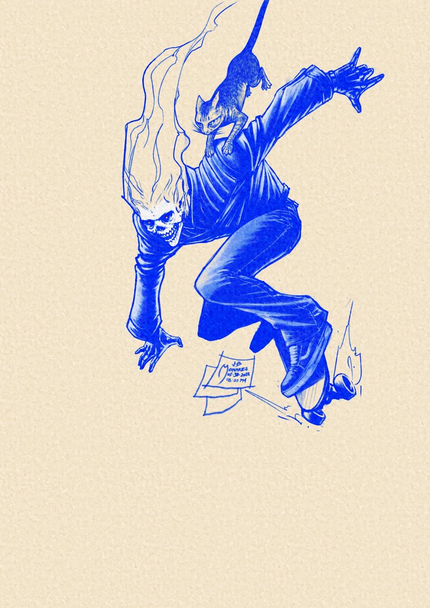 JunJoeMonares's tweet photo. What if the Ghost Rider is a skateboarder? A fun drawing which also served as a memorial for my drawing buddy, my cat Pugotwo. 

Drawn using #ibispaintx 

Drawing process here: https://t.co/S7iKTkByKU

#drawing #ghostrider #digitalart #art #junjoemonares #conceptart #thrasher https://t.co/q8gGTqK9hn