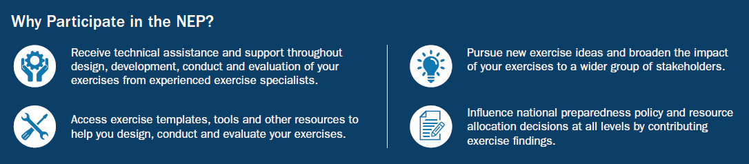 FEMA_NDEMU's tweet photo. Need help with emergency preparedness exercises in your community? 
FEMA’s National Exercise Program (NEP) provides no-cost exercise support and is accepting requests until June 1. 

To learn more, visit https://t.co/oIpvSw5HSF register for a webinar here: https://t.co/8PsaxOar6h https://t.co/iSiUaNP7cC