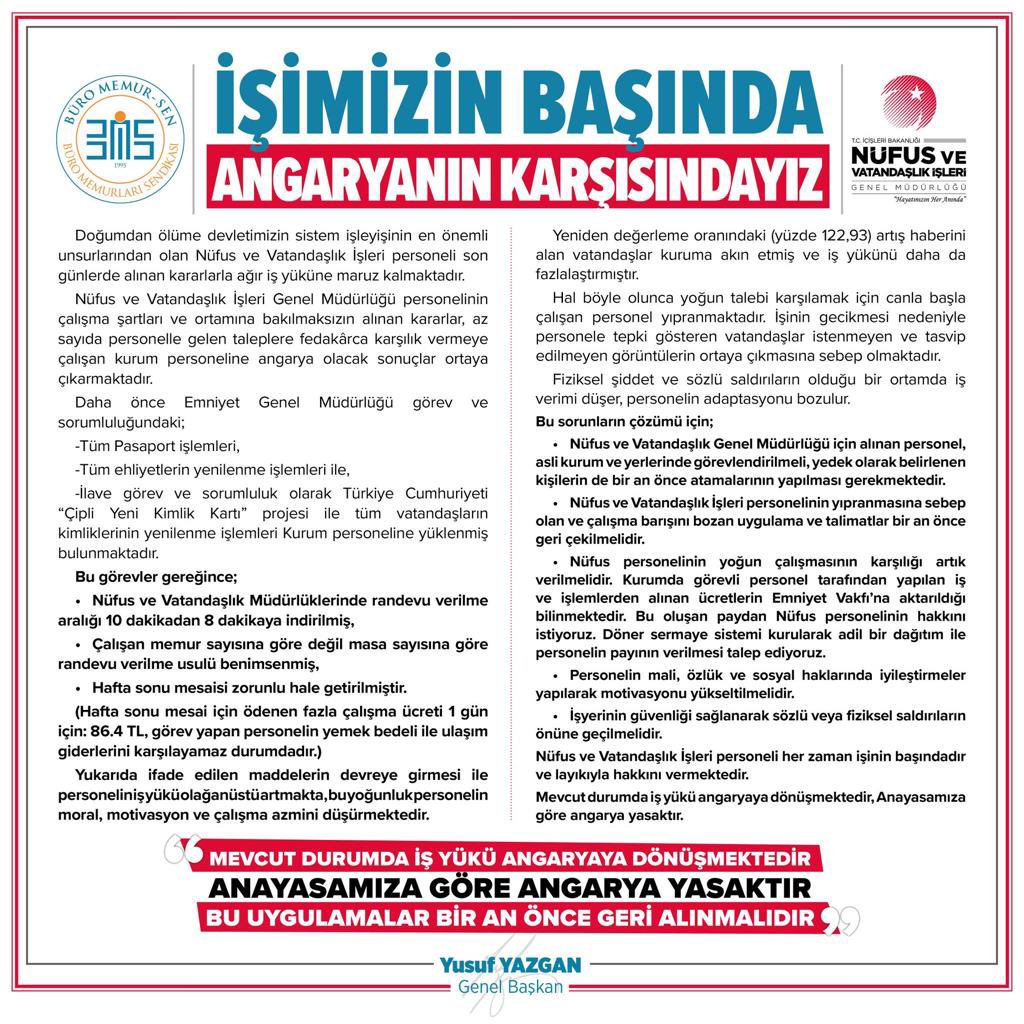 Nüfus personelinin haklı istekleri;
*Uzman kadrosu
*3600 gösterge
*Döner sermaye kurulması
*Maaş mesai ve özlük haklarında iyileştirme
*Yıpranma payı
 #NufustaAngarya

<a href="/RTErdogan/">Recep Tayyip Erdoğan</a> 
<a href="/suleymansoylu/">Süleyman Soylu</a> 
@sefikaygolx