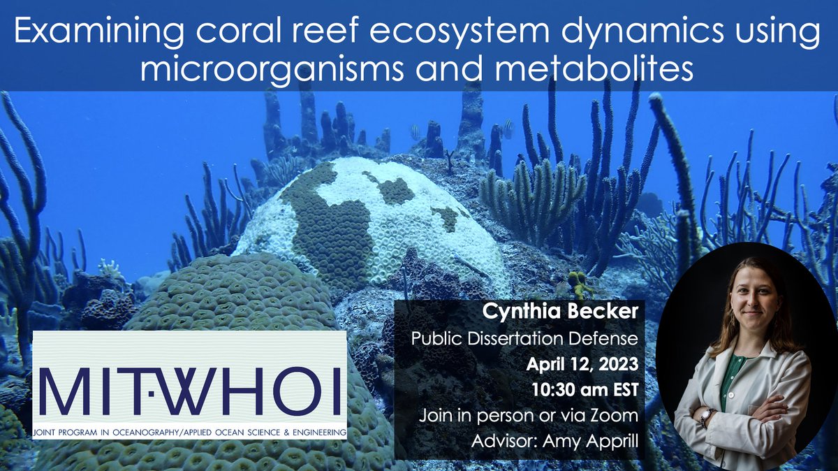Cynthia Becker, Ph.D. (@cynthiabecker25) on Twitter photo It is PhD defense time, concluding my time in the <a href="/WHOI/">Woods Hole Oceanographic Institution (WHOI)</a> and <a href="/eapsMIT/">MIT EAPS</a> Joint Program with the amazing <a href="/AmyApprill/">Amy Apprill</a>! If you love #coral reefs 🪸 and or #microbes come watch via zoom or in person on April 12, at 10:30a EST. DM me for zoom registration. It is PhD defense time, concluding my time in the <a href="/WHOI/">Woods Hole Oceanographic Institution (WHOI)</a> and <a href="/eapsMIT/">MIT EAPS</a> Joint Program with the amazing <a href="/AmyApprill/">Amy Apprill</a>! If you love #coral reefs 🪸 and or #microbes come watch via zoom or in person on April 12, at 10:30a EST. DM me for zoom registration.