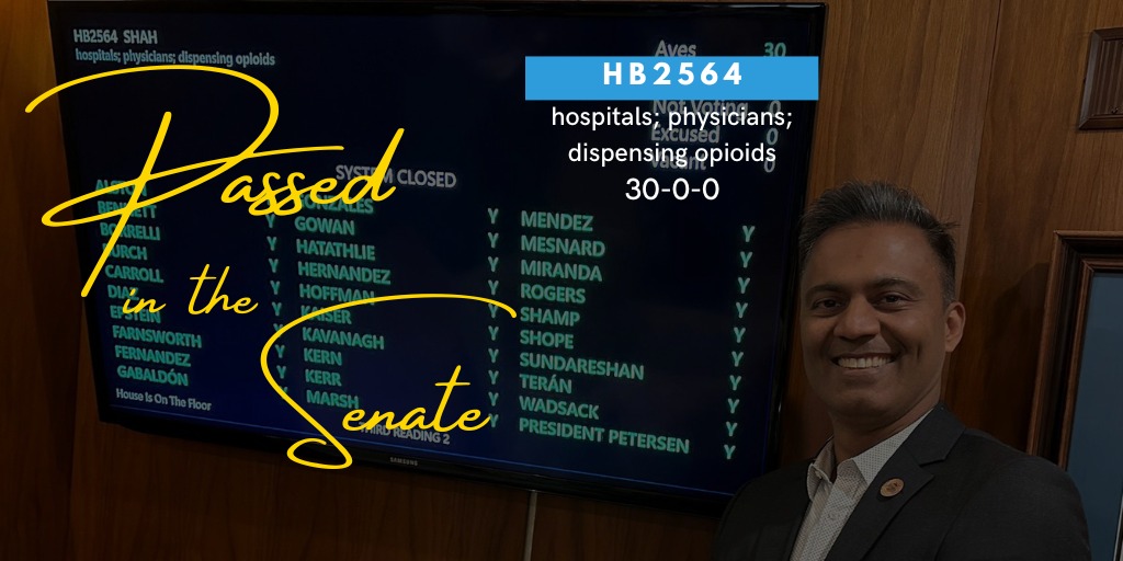 AZHouseDems's tweet photo. Congrats to Rep. @DrAmishShah on both HB2564 and HB2346 passing the Senate Floor! These are the first 2 Dem bills to cross the #azleg finish line. HB2564 is heading straight to the Governor's desk ➡️ https://t.co/LF93jzWg0I