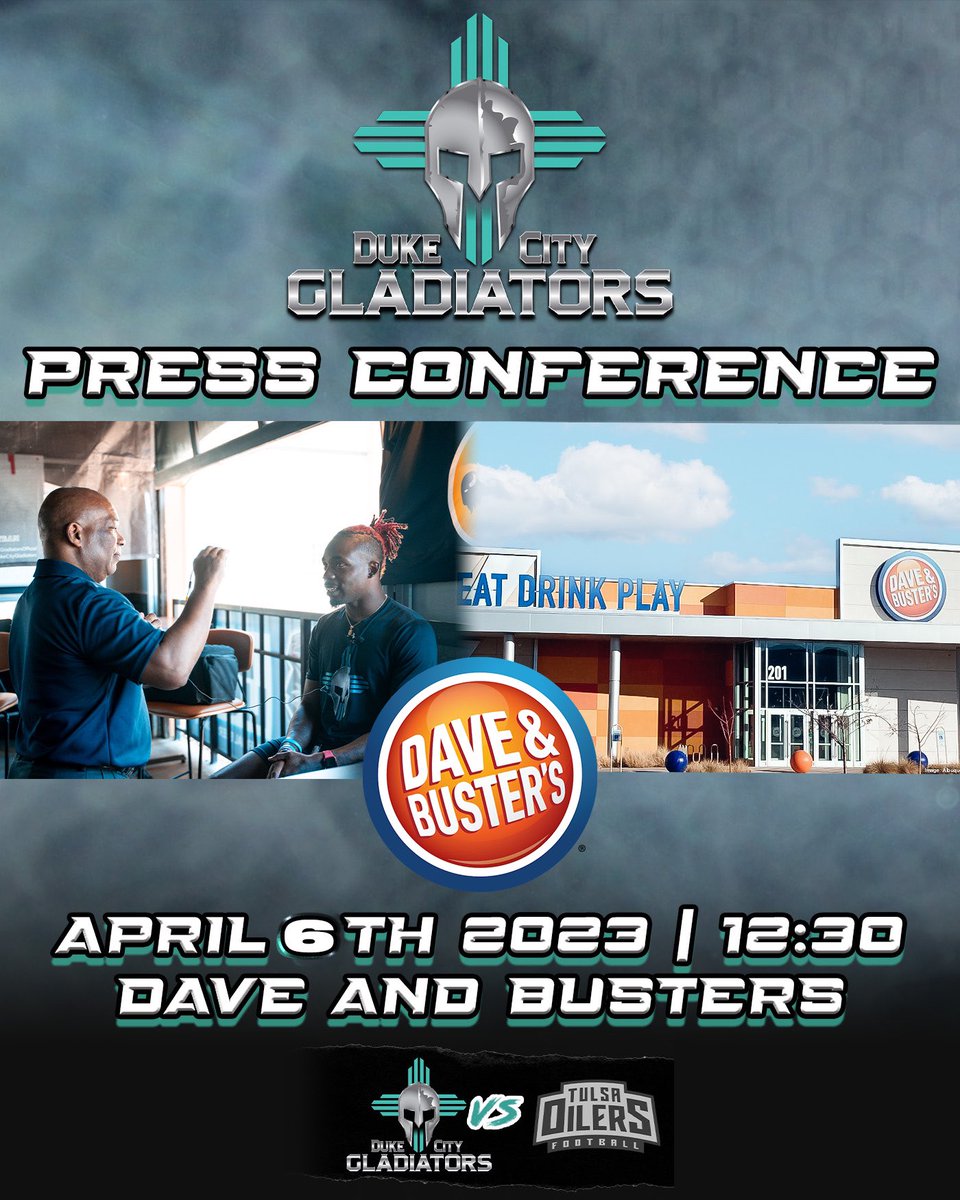 Our press conference for this weeks home game is April 6th at @daveandbusters_abq ! 🔥🔥 . . . . #CommunityChampions #DCGladiators #505 #nmtrue #albuquerque #nm #ifl #newmexico #arenafootball #indoorfootball #dukecity #gladiators #newmexicotrue #Albuquerque #JustWin