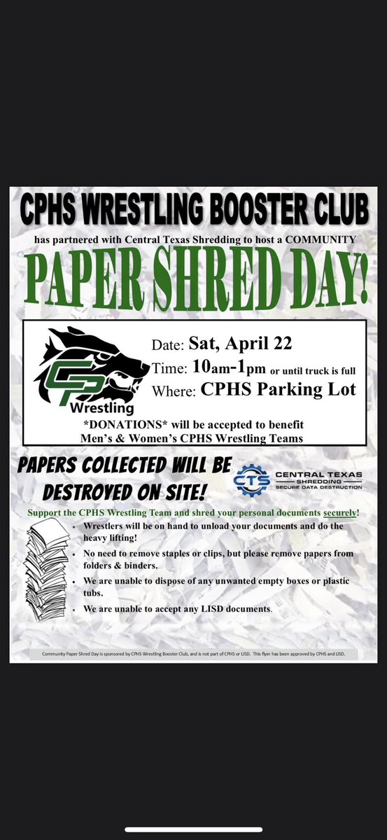 ♻️📄Shred is back!
We partnered with Central Texas Shredding for our paper shred!!

April 22nd, 2023
10am-1pm (or until the truck is full)

Donations build and sustain our program… please donate when dropping off your papers!
💚🐺🖤
@LISD_AD @CPHS_TWolves <a href="/LeanderISD/">Leander ISD</a>
