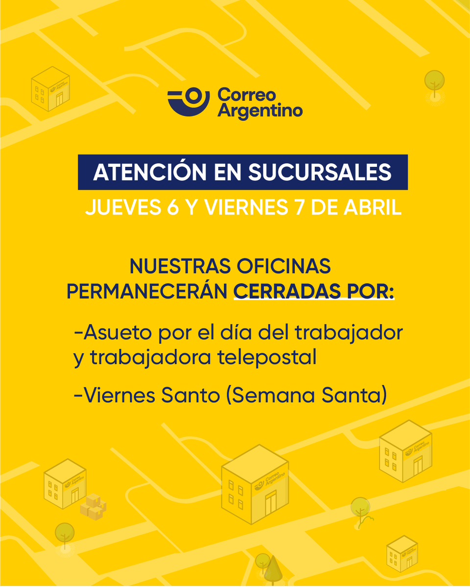 CorreoOficialSA's tweet photo. ⚠️ ¡ATENCIÓN!

🗓️ Con motivo del Día del Trabajador y Trabajadora Telepostal y Viernes Santo, informamos que este jueves 6 y viernes 7 de abril, las sucursales de Correo Argentino permanecerán cerradas. https://t.co/PE1IH9UOP1