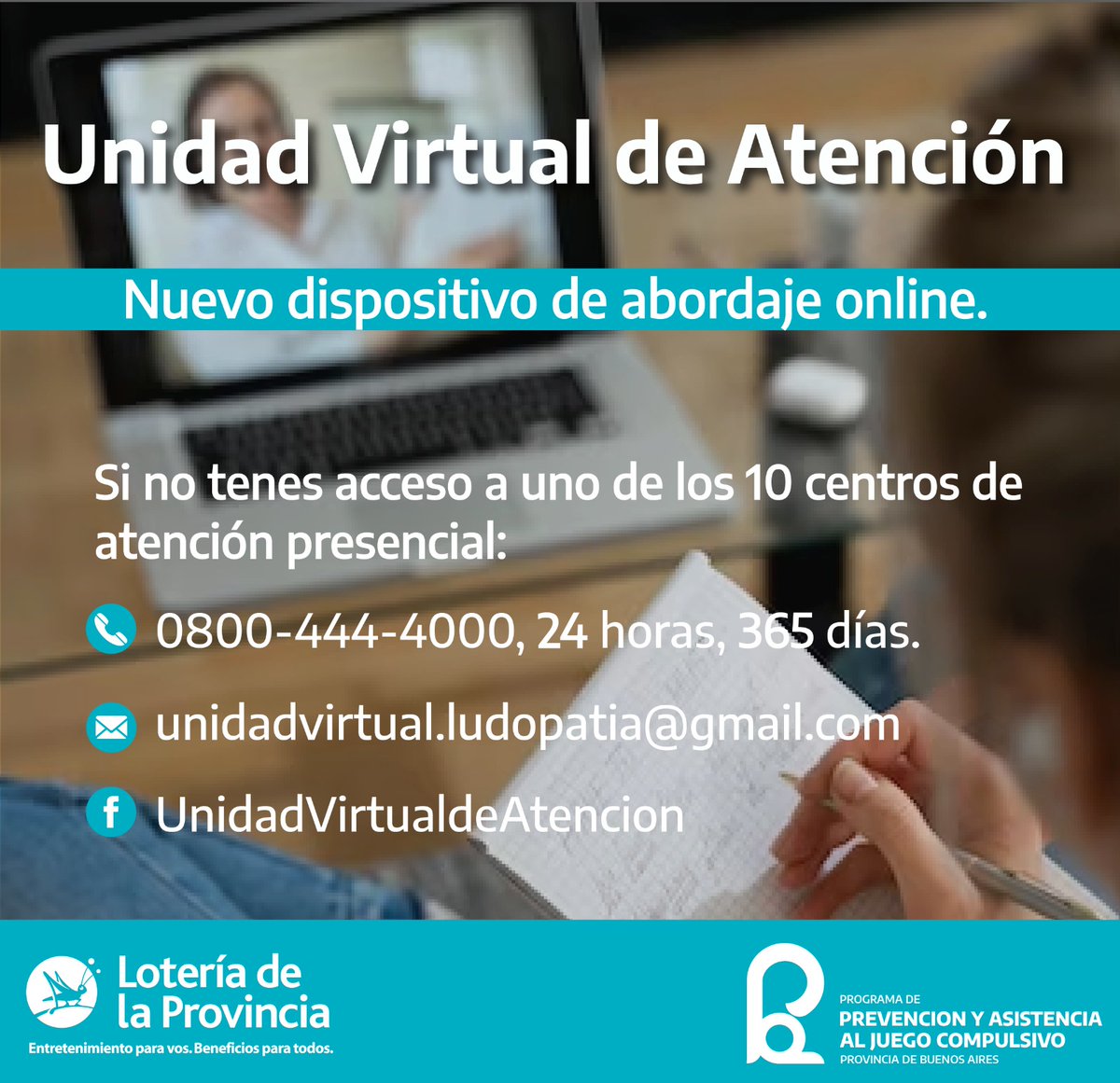 JResponsableBA's tweet image. El Programa junto a @LoteriaBA desarrollaron un nuevo dispositivo de abordaje online.
Si por tu lugar de residencia no tenes acceso a los centros,tenes varias vías de comunicación para recibir asesoramiento profesional y gratuito respecto a la problemática del juego compulsivo.