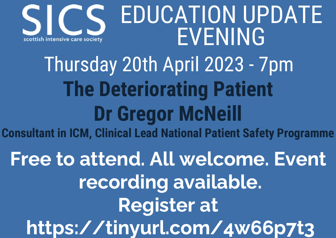 SICS (@sicsmembers) on Twitter photo The next SICS Evening Education update will take place on Thursday 20th March at 7pm.
<a href="/McneillGregor/">Gregor Mcneill</a> will discuss what's next for Scottish Critical Care units in the approach to the deteriorating patient.
Free to all, all MDT welcome.
Sign up at tinyurl.com/4w66p7t3 The next SICS Evening Education update will take place on Thursday 20th March at 7pm.
<a href="/McneillGregor/">Gregor Mcneill</a> will discuss what's next for Scottish Critical Care units in the approach to the deteriorating patient.
Free to all, all MDT welcome.
Sign up at tinyurl.com/4w66p7t3