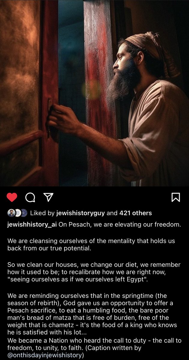 My new favorite AI Inst*gr*m account is @jewishistory_ai … the account posts scenes from Jewish history and it is so, so good. This is Pesach. @jewishistoryguy 

Finally, a profound and moving reason to employ AI art! The epic visual power of traditions/religions/faiths.